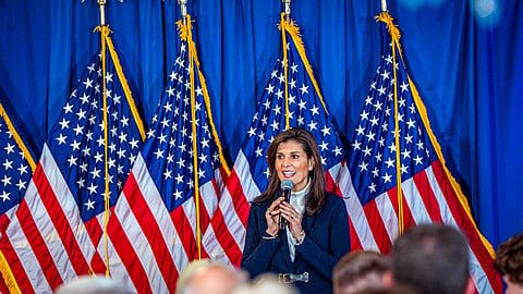 Republican presidential candidate and former United Nations Ambassador Nikki Haley speaks at a campaign event in Portland, Maine