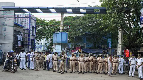 Police force deployes at the R. G. Kar Medical College and Hospital after miscreants vandalised an emergency ward of the hospital, in Kolkata