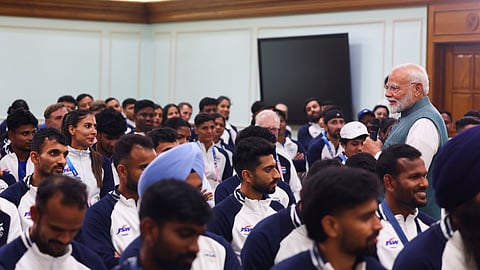 Prime Minister Narendra Modi interacts with the Indian contingent for Paris Olympics, in New Delhi