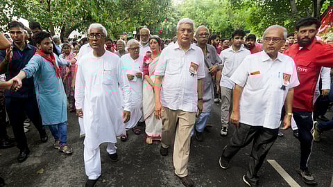 File photograph of CPI (M) politburo members Prakash Karat, Biman Bose, Brinda Karat, former Tripura CM Manik Sarkar and others during the last journey of late party leader Sitaram Yechury
