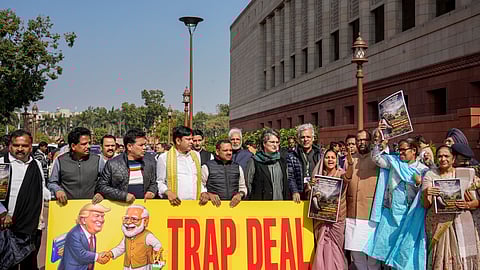 'Trap deal': Cong MPs protest against govt in Parliament complex