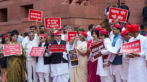 "Amit Shah Jawab Do": Opposition leaders raise slogans during Parliament protest