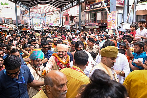 Brij Bhushan Sharan Singh arrives to offer prayers at Hanuman Nagar after getting acquitted in the alleged sexual harassment case filed by women wrestlers, in Ayodhya, on Thursday | PTI