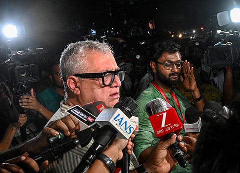 TMC MP Derek O'Brien speaks to media after KMC officials pulled down an "unauthorised" billboard from the roof of TMC leader Abhishek Banerjee's office, in Kolkata | File image/PTI