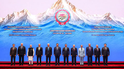 The photograph was taken ahead of a session of the 26th SCO Summit and featured leaders of the bloc’s member states