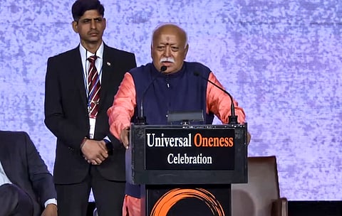 RSS chief Mohan Bhagwat addresses the gathering during the Universal Oneness celebrations, in New York | File image/PTI