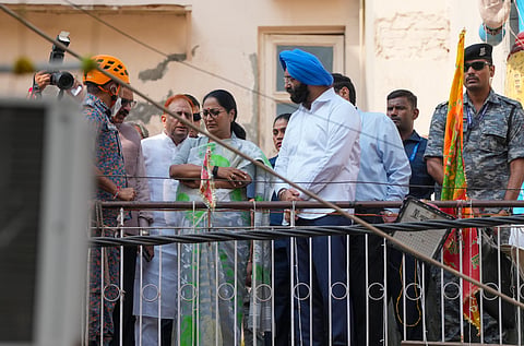 Delhi Chief Minister Rekha Gupta and state Cabinet Minister Manjinder Singh Sirsa at site during a rescue operation, on Monday | PTI