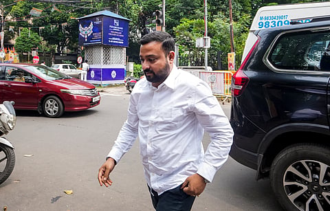 Sumit Roy, personal assistant to TMC MP Abhishek Banerjee, arrives at Shakespeare Sarani Police Station for questioning, in Kolkata, on Monday | PTI