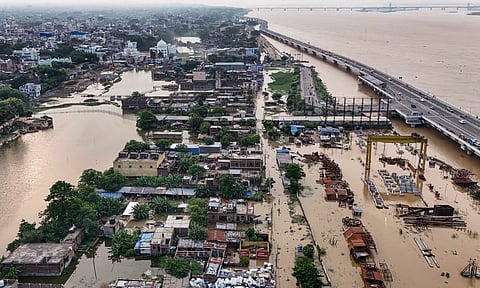  An aerial view of a residential area inundated with floodwaters following the rise of the Ganga river, in Patna, on Thursday | PTI