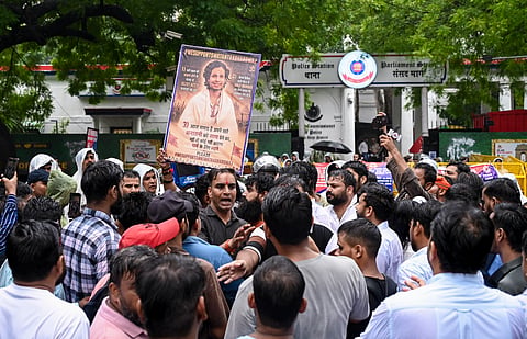 Supporters of Hindutva influencer Swatantra Bhardwaj stage a protest following his detention over the alleged assault of Sanjay Kumar, father of CJP protester Nishu Azad, in New Delhi | File image/PTI