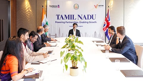 Tamil Nadu Chief Minister C Joseph Vijay, with other officials, during a meeting to discuss investments in the state's renewable energy sector, in London | PTI