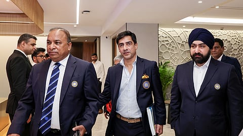 BCCI President Mithun Manhas, Secretary Devajit Saikia and Joint Secretary Prabhtej Bhatia during the board's 95th Annual General Meeting (AGM) at its headquarters, in Mumbai