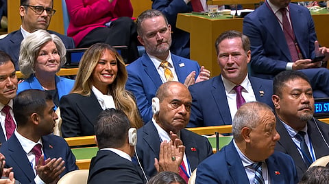 Trump looked around the UN hall for Melania before praising her global initiatives and thanking her during his General Assembly address 