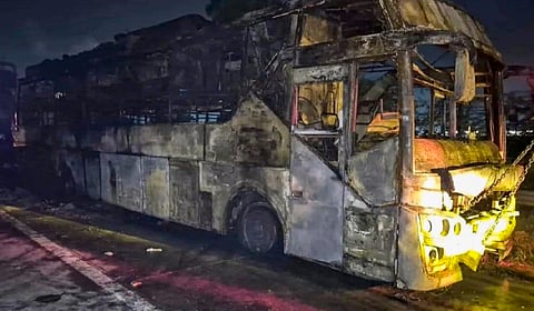 Firefighters at the site after a sleeper bus caught fire on the Yamuna Expressway in the Greater Noida area, killing nine passengers, in Noida, early Thursday | PTI