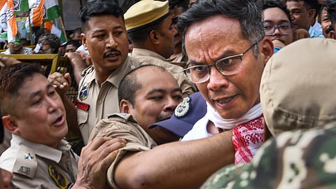 Police personnel detain MP and Assam Pradesh Congress Committee President Gaurav Gogoi during a protest, in Guwahati, on Friday | PTI