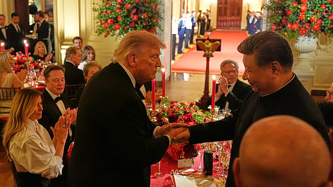 President Donald Trump shakes hands with China's President Xi Jinping in the East Room of the White House during a State Dinner, on Thursday | PTI