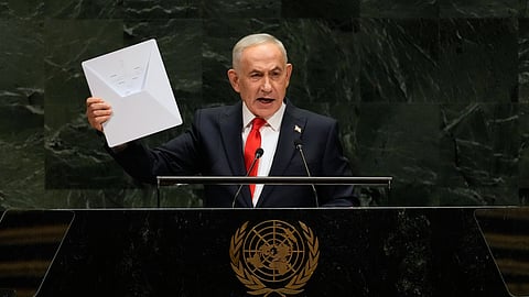 Israeli PM Benjamin Netanyahu speaks during the 81st session of the United Nations General Assembly at United Nations headquarters, on Thursday | PTI