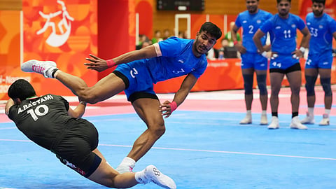 India's Devank and Iran's Amirhossein Bastami compete during the men's kabaddi final at the Asian Games in Tokai City, Japan, on Saturday | PTI