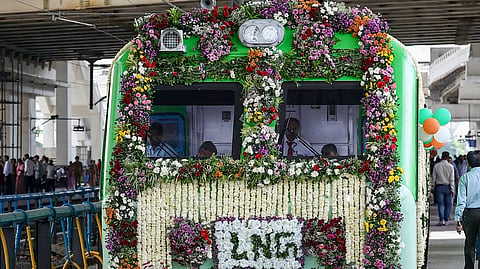 India's first dual-fuel LNG train being flagged-off from Sabarmati Railway Station, in Ahmedabad | PTI