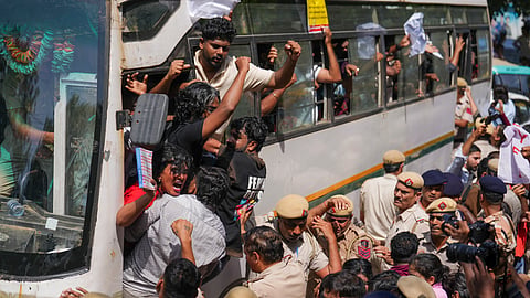 Demonstrators being detained during a protest carried out by political parties and members of AISA, SFI, NSUI and other student bodies against CEC Gyanesh Kumar, in Delhi | File image/PTI