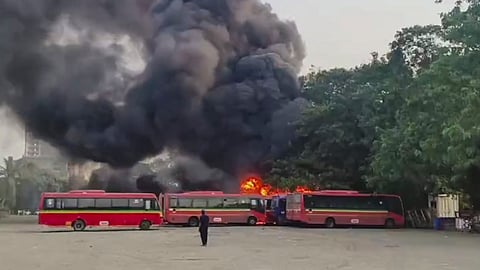 Witnesses had reported hearing explosions as thick black smoke engulfed the depot, though officials said no injuries were reported

