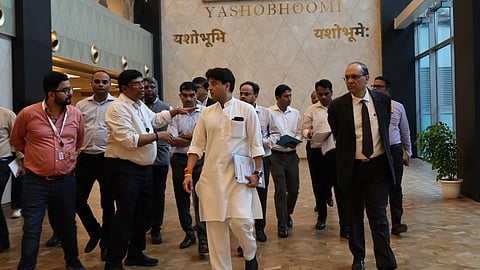 Union Minister for Communications Shri Jyotiraditya M Scindia reviews final preparations for the 10th edition of India Mobile Congress at Yashobhoomi, Dwarka | File image/X/@DoT_India