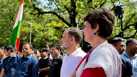 Rahul Gandhi and Congress MP Priyanka Gandhi Vadra during a protest march from Parliament to the ECI office, demanding the resignation of CEC Gyanesh Kumar, in New Delhi, on Tuesday | PTI