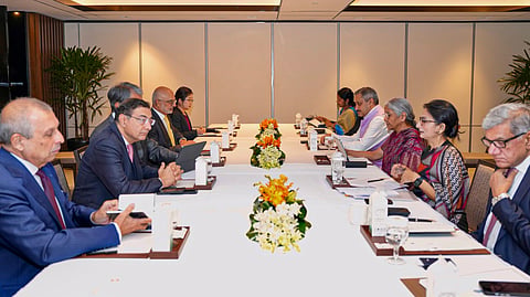Finance Minister Nirmala Sitharaman during a meeting with Temasek Chief Executive Officer Dilhan Pillay Sandrasegara and others, in Singapore | PTI