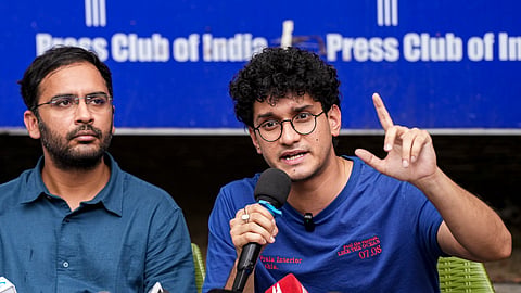 CJP co-conveners Saurav Das, right, and Ashutosh Ranka during a press conference following their release from preventive detention, in New Delhi, on Sunday | PTI