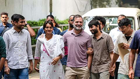 Congress leader Rahul Gandhi with NSUI president Vinod Jakhar and its members and other protesters, arrive to address a press conference, in New Delhi, on Wednesday | PTI