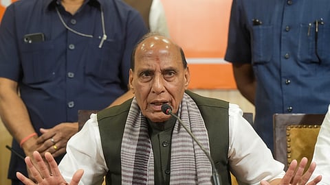 Union Defence Minister Rajnath Singh addresses a press conference, at BJP headquarters, in Lucknow, on Friday | PTI
