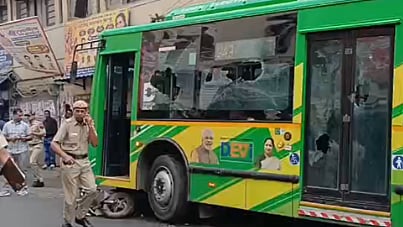 DTC bus hits scooter on DBG Road in Delhi, killing one and injuring five others | X