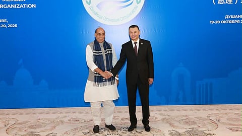 Rajnath Singh meets Qohir Rosulzoda, Prime Minister of Tajikistan at the commencement of SCO Heads of Government meeting in Dushanbe | X