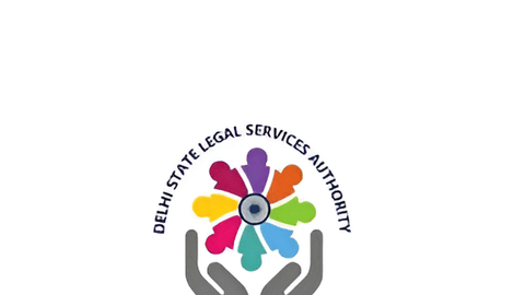 Logo of the Delhi State Legal Services Authority featuring two gray hands holding a colorful wheel of human figures with a balance scale at the center. Text reads 'Delhi State Legal Services Authority' and 'Sewa Samadhan Samarpan