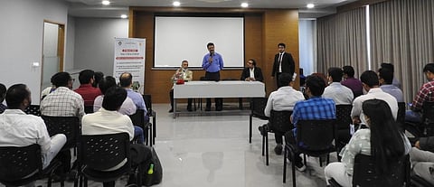 L to R - DH Bhrambhatt, IAS, Ex Secy, Agri, GoG; Dhaval Raval, Chairman, ASSOCHAM &amp; CMD, Abhyuday Group; Rutvij Mehta, Abhyuday Group; &amp; Utsav Jain, Moderator
