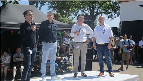 Kai Becker, Head of the Heating & Refrigeration Technologies Division, Tom Trinkaus, Site Manager Berlin and Halle, Thomas Strotkötter, Head of the Compression Technologies Business Unit, and André Krychowski, Head of Finance for the Compression Technologies Business Unit, welcomed around 1,000 guests to the opening of the anniversary celebrations at the GEA HRT site in Berlin. 