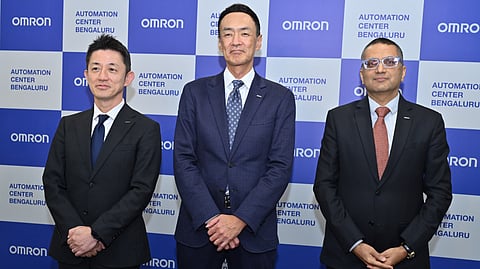 From L to R: Masayuki Yamamoto, Senior General Manager, Global Solution Sales Division, Industrial Automation Company, OMRON Corporation, Japan; 
Motohiro Yamanishi, Company President, Industrial Automation Company, OMRON Corporation; Sameer Gandhi, Managing Director, OMRON Industrial Automation, India