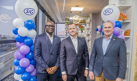 Celebrating SIG’s new office in Lagos: (from left to right) Iyore Amadasun, Area Business Manager, East & West Africa at SIG; Niall Hoey, Vice President, Cluster Middle East & Africa at SIG; Bryn Thomas, Head of Sub-Saharan Africa at SIG.
