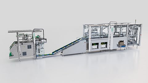 High performance gravity case packer with high flexibility to pack various bag sizes and styles for optimal space utilization into RSC cases. Slim design to easily fit behind the SVX into a seamless line solution. Available in two versions: horizontal and integrated horizontal and vertical packing.