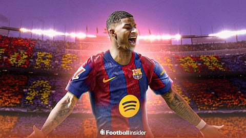 Marcus Rashford celebrates in a Barcelona shirt