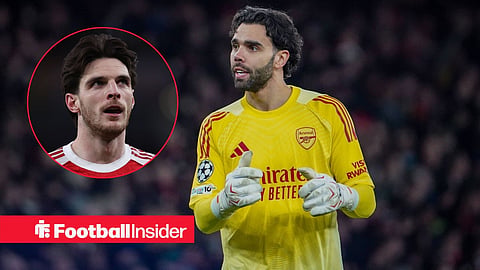 David Raya alongside a circular inset of Declan Rice