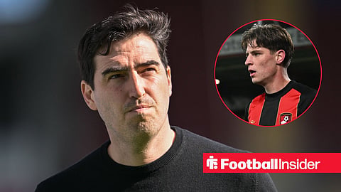 Andoni Iraola alongside Bournemouth midfielder Alex Scott
