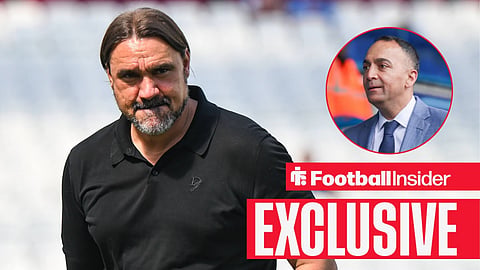 Football Insider exclusive as Leeds United manager Daniel Farke stares towards chairman Paraag Marathe, who looks cheerful in a circular inset.