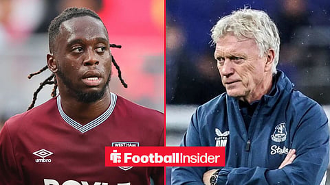 Aaron Wan-Bissaka in action for West Ham, with David Moyes on the sidelines at Everton