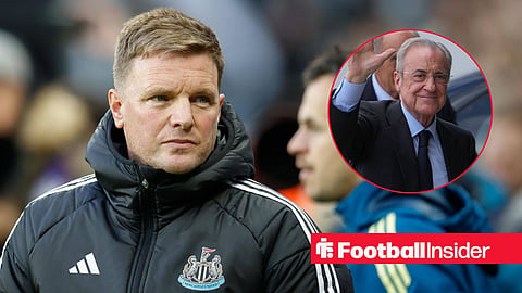 Newcastle United Manager Eddie Howe during the Newcastle United FC v Chelsea FC English Premier League match at St.James Park, Newcastle, England, United Kingdom on 11 May 2025 / Real Madrid s President Florentino Perez waves to spectators before the semifinal match between Paris Saint-Germain France and Real Madrid Spain at the FIFA Club World Cup 2025 at the MetLife Stadium, New Jersey, the United States, July 9, 2025