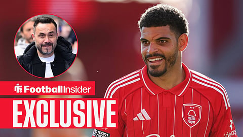 Football Insider exclusive as Nottingham Forest midfielder Morgan Gibbs-White is in action during a game, while Tottenham manager Roberto De Zerbi looks concerned in a circular inset.