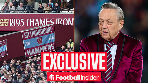 Football Insider exclusive as West Ham fans feature on one side of a split image, while owner David Sullivan stares across from the other side.