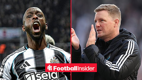 Newcastle United striker Yoane Wissa celebrates while manager Eddie Howe claps