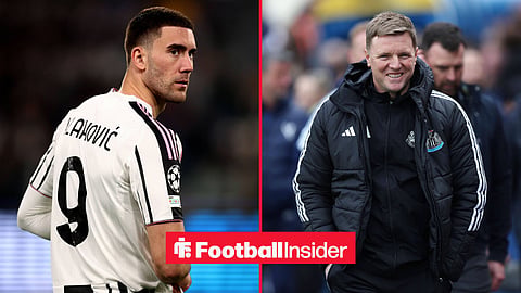Juventus striker Dusan Vlahovic alongside Newcastle manager Eddie Howe