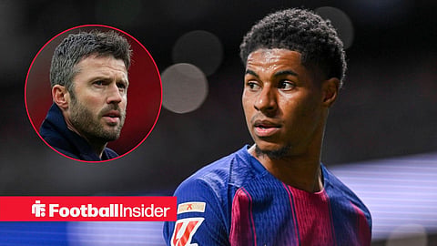 Marcus Rashford in action for Barcelona, with Michael Carrick in a circular inset